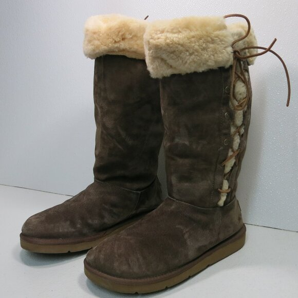 UGG Australia 5163 Upside Brown Corset Suede Leather Insulated Boots Footwear 10 - Picture 1 of 6